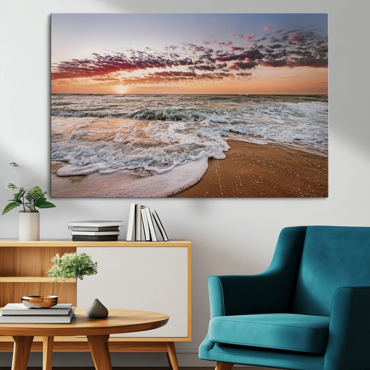 Ocean Sunset Wall Art Canvas Print | Sandy Shore and Gentle Waves