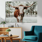 Texas Longhorn Wall Art Canvas Print | Framed Spotted Brown and White Bull