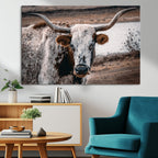 Texas Longhorn Wall Art Canvas Print | Framed Brown and White Spotted Longhorn