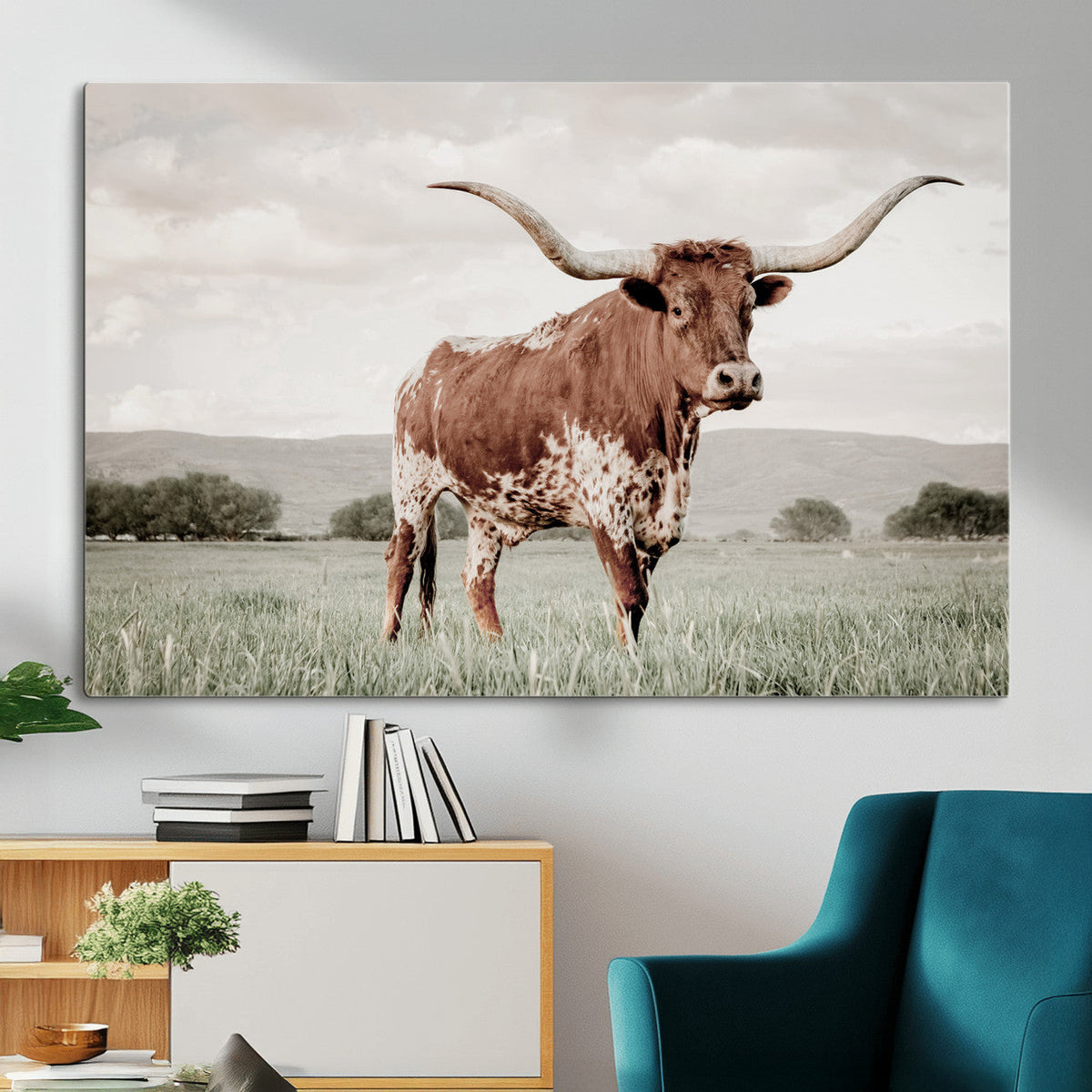 Texas Longhorn Wall Art | Framed Spotted Cattle Canvas