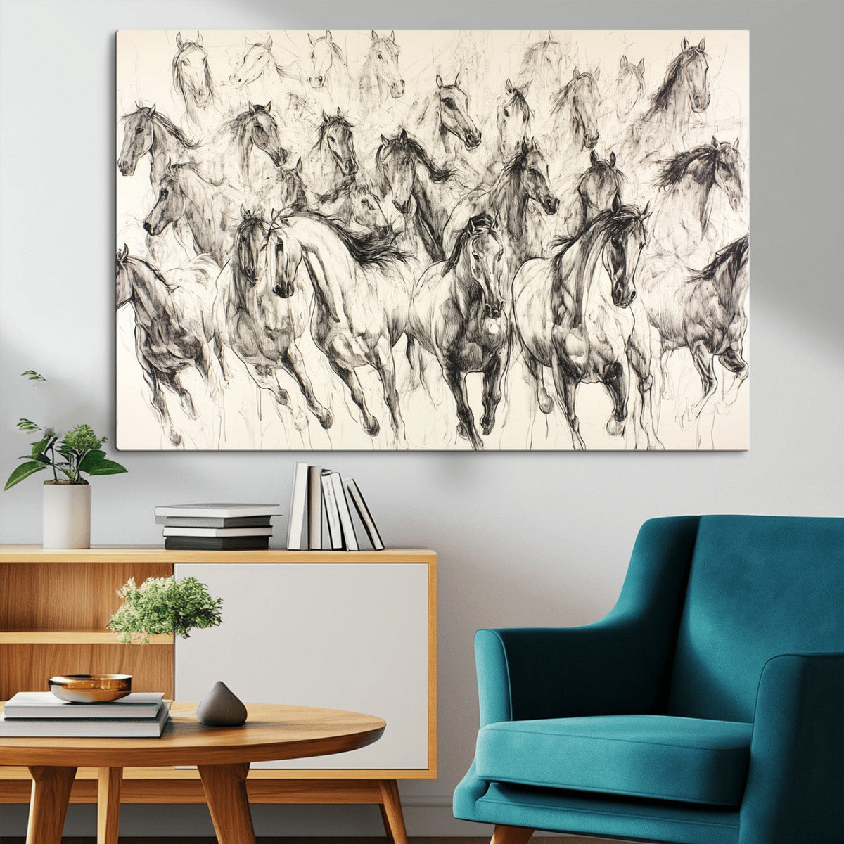Abstract Horse Wall Art Canvas Print, Framed Horse Sketch with Galloping Herd