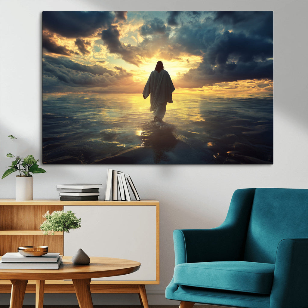 Jesus Walks Wall Art Canvas Print Framed Divine Sunset Art