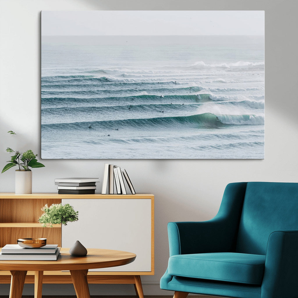 Ocean Waves Wall Art Canvas Print, Framed Surfer Lineup on a Crowded Ocean