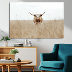 Texas Longhorn Wall Art Canvas Print, Framed Lone Cattle and Longhorn Bull Scene
