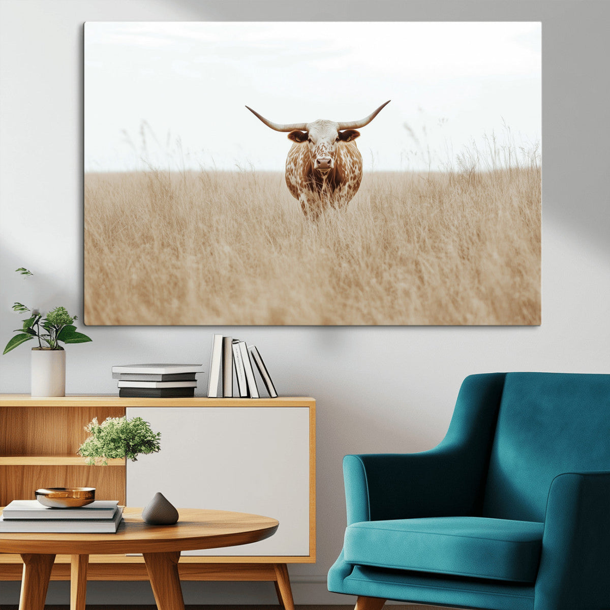 Texas Longhorn Wall Art Canvas Print, Framed Lone Cattle and Longhorn Bull Scene