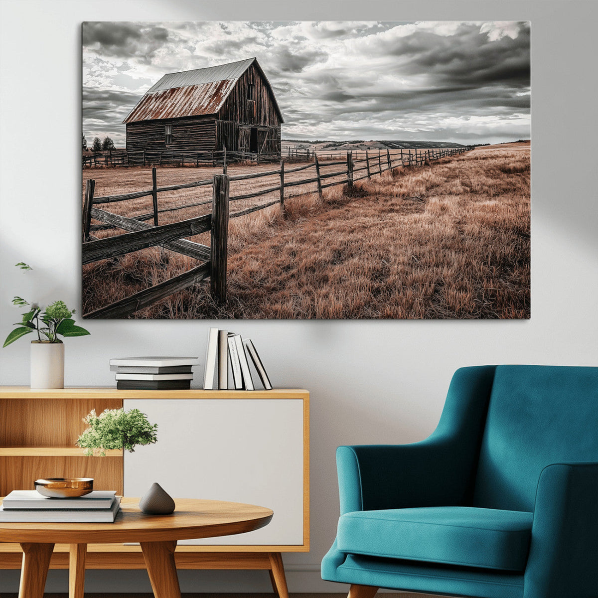 Rustic Barn Wall Art Canvas Print, Framed Moody Field Scene