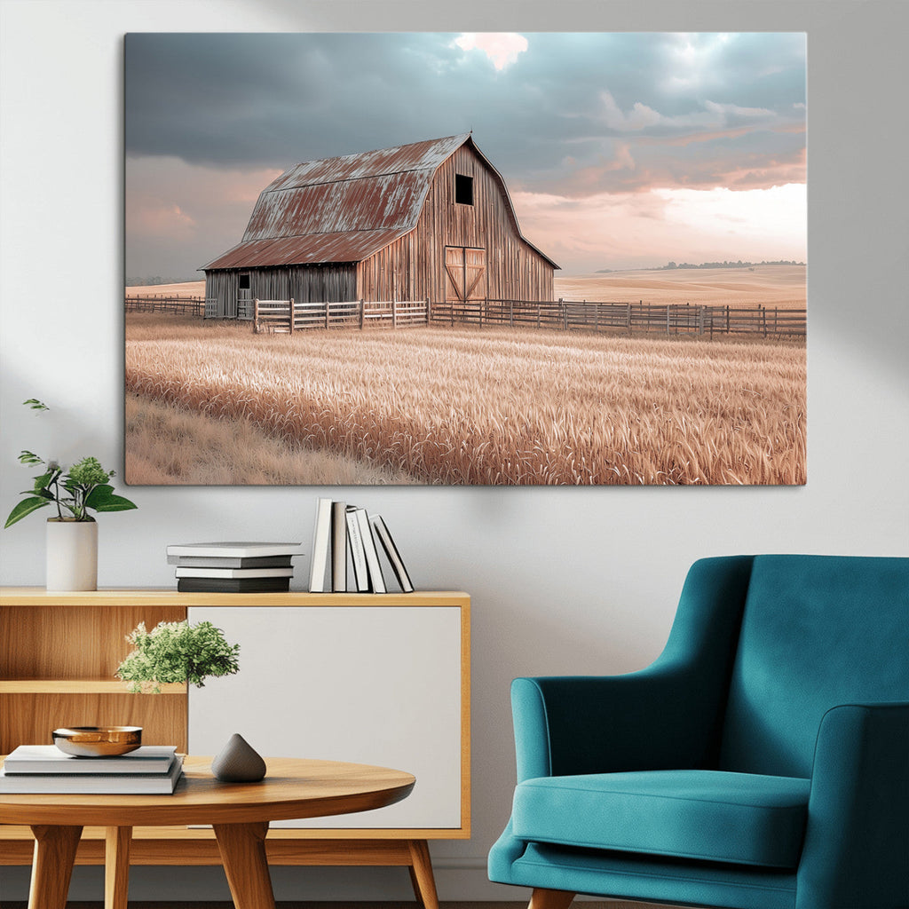 Rustic Barn Wall Art Canvas Print, Framed Wheat Field Scene