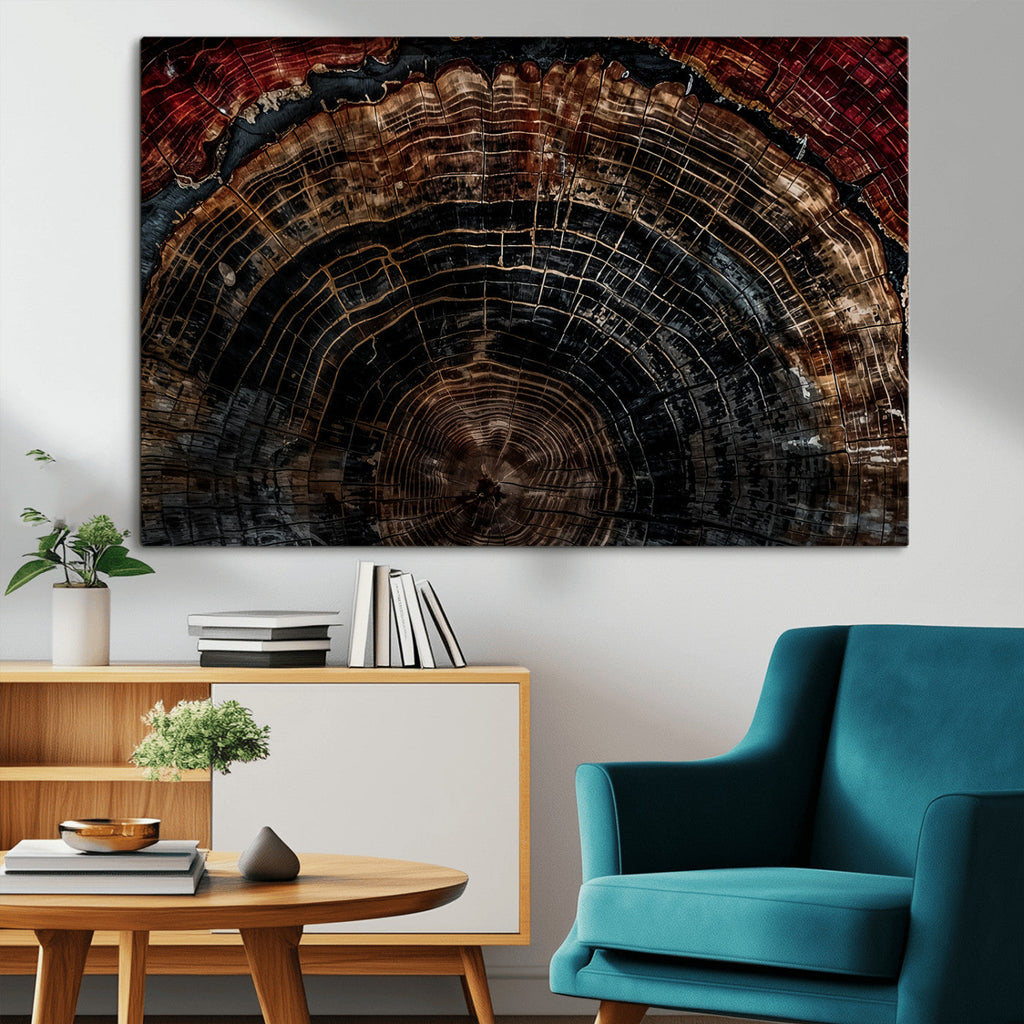 Dark Wood Ring Wall Art Canvas Print, Framed Abstract Tree Slice Print, Rustic Wood Grain Decor