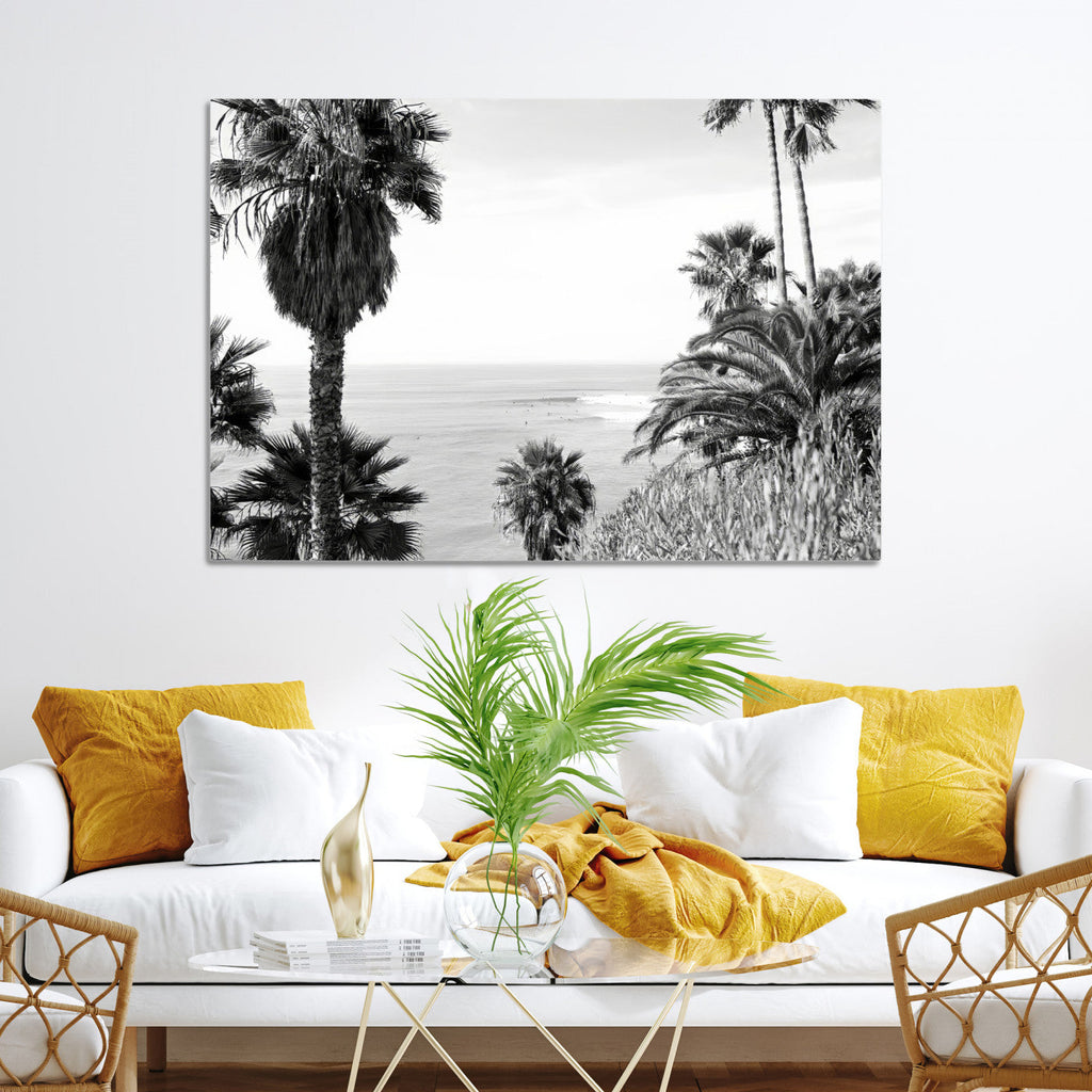 Palm Trees Wall Art Canvas Print, Framed Coastal Ocean Horizon Monochrome Art