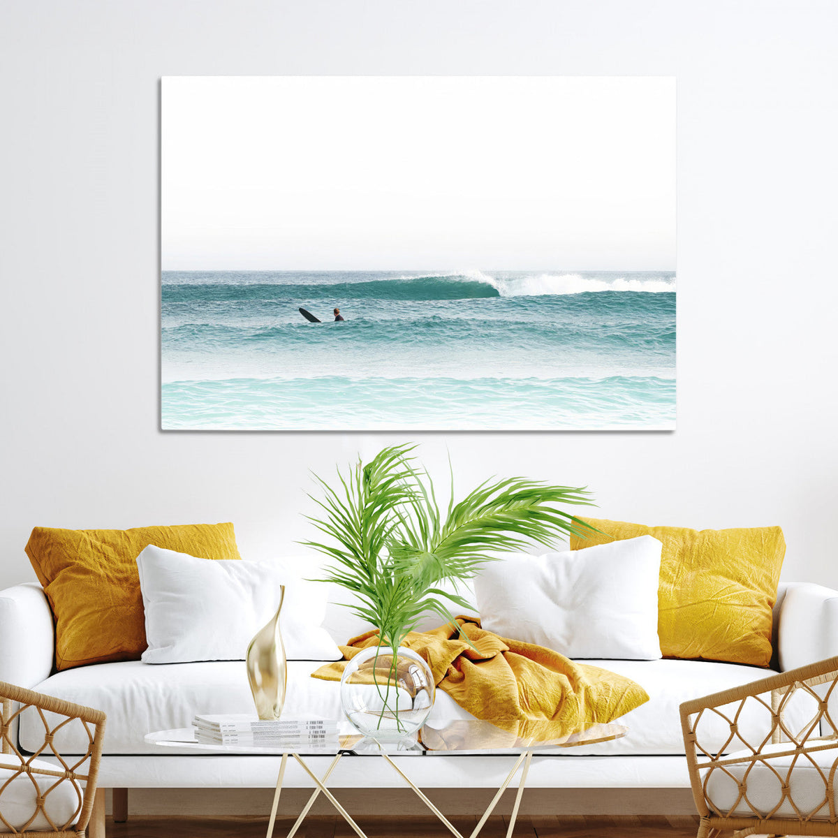 Surfing Wall Art Canvas Print, Framed Minimalist Ocean Waves Beach Art