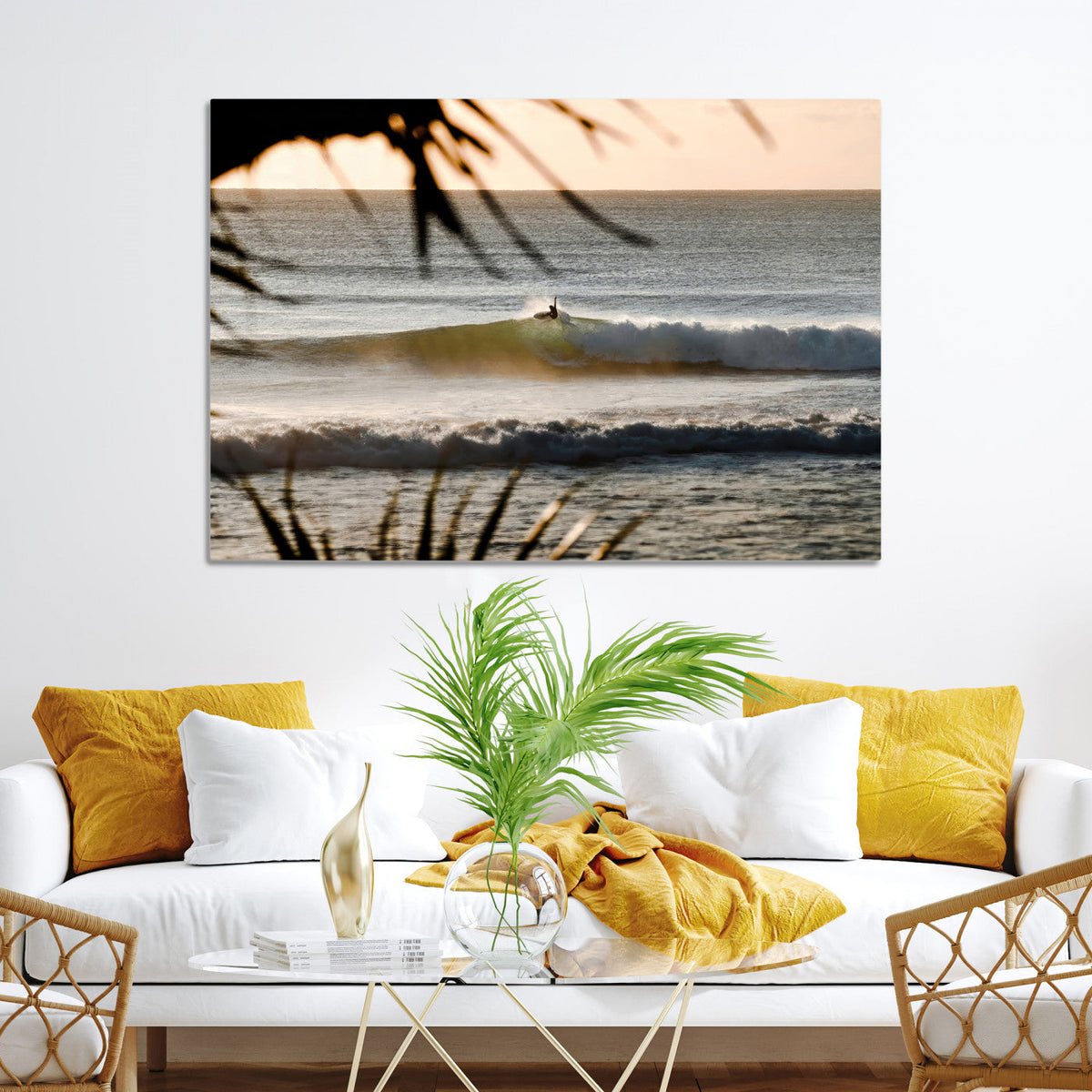 Sunset Surf Wall Art Canvas Print, Framed Golden Hour Waves Boho Beach Art