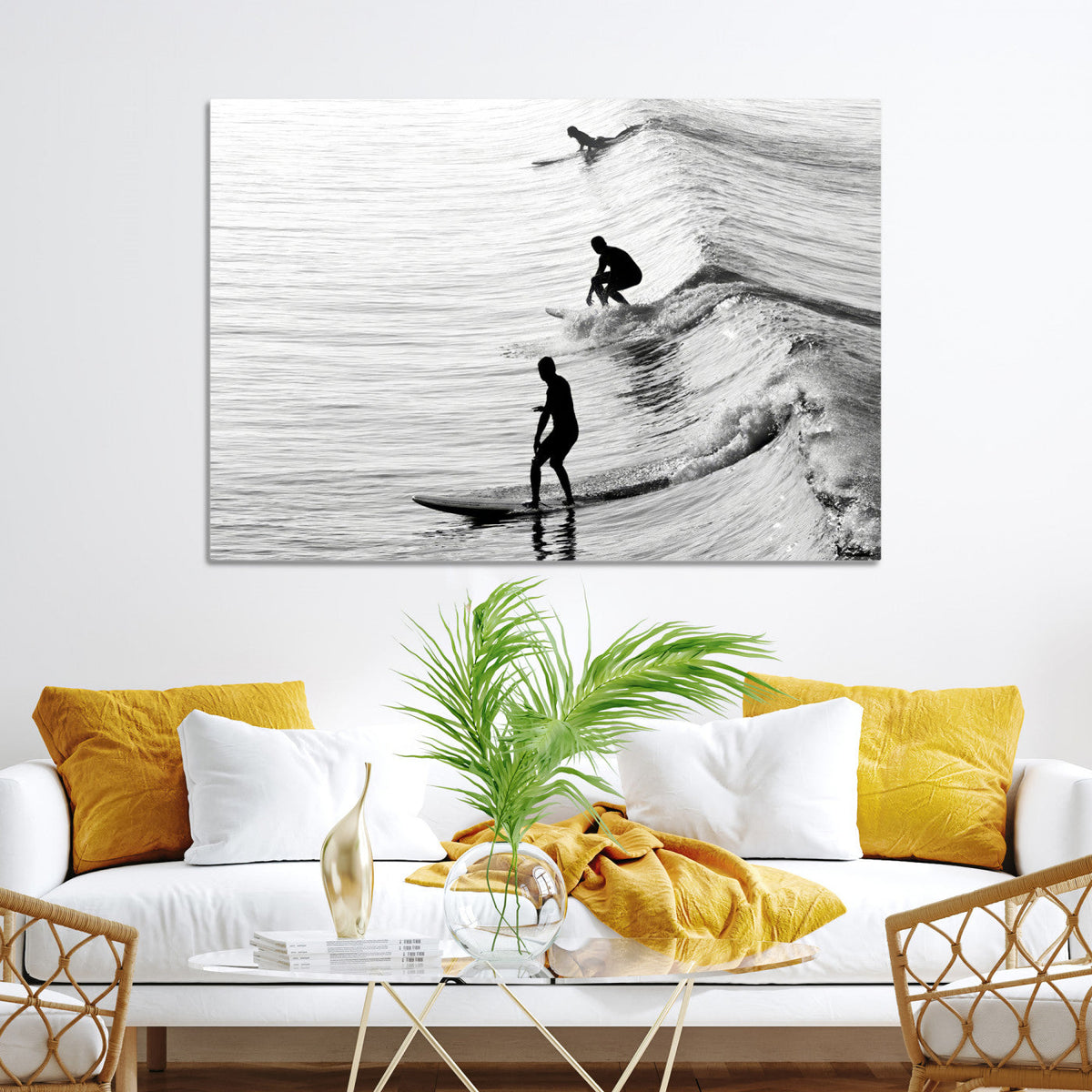 Surfers on Waves Wall Art Canvas Print | Framed Black and White Surf