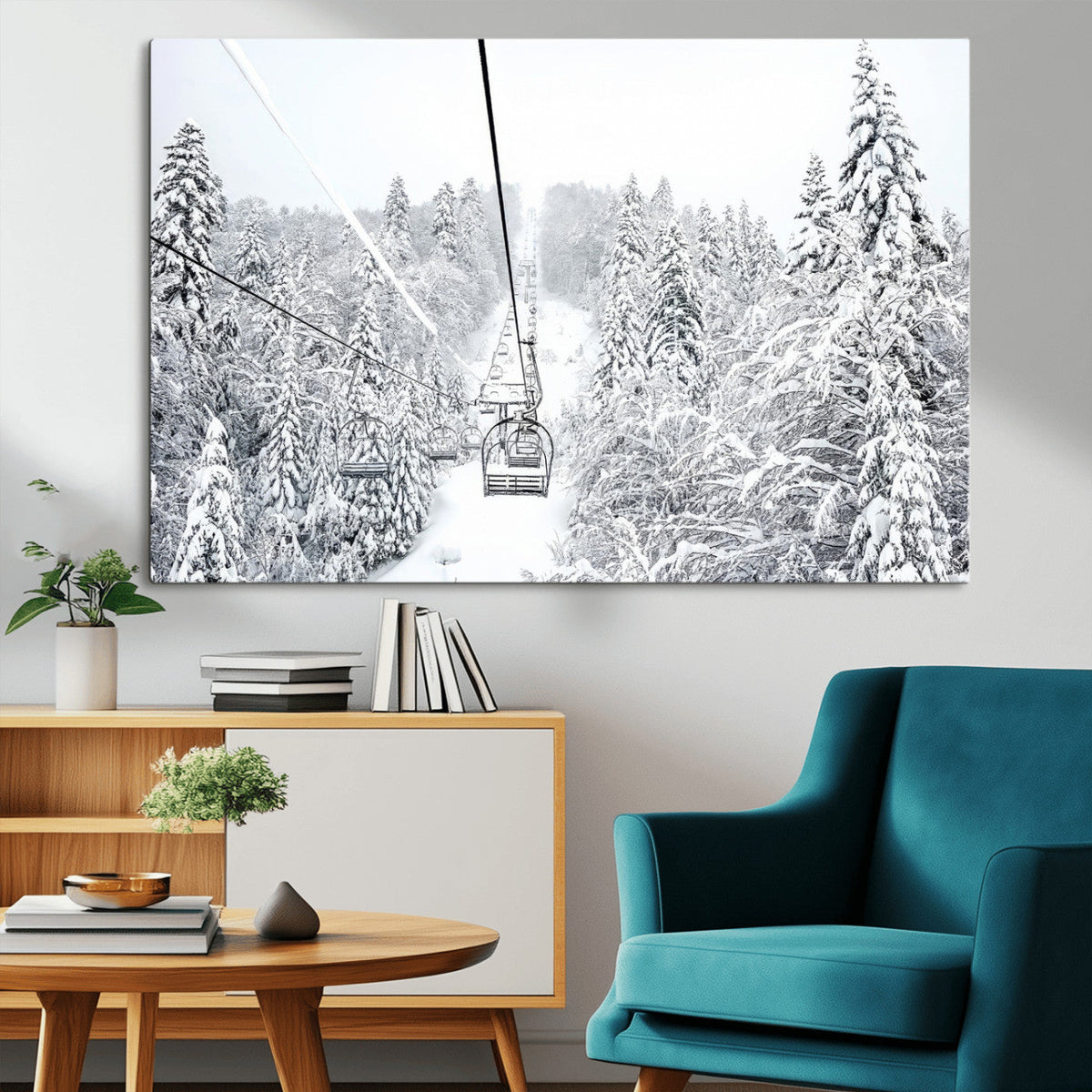 Snowy Ski Lift Wall Art | Framed Winter Mountain Canvas
