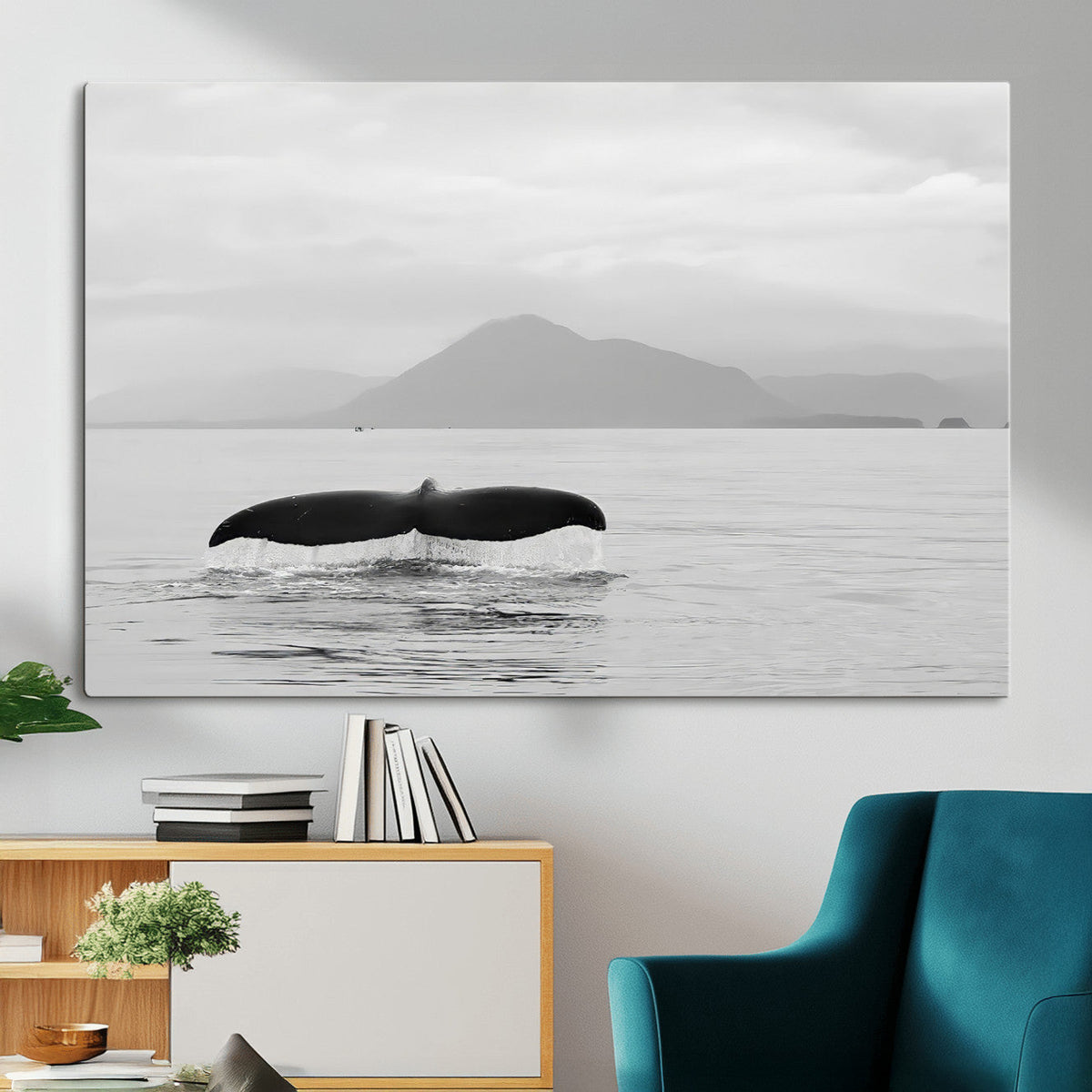 Whale Tail Wall Art | Framed Black White Ocean Canvas
