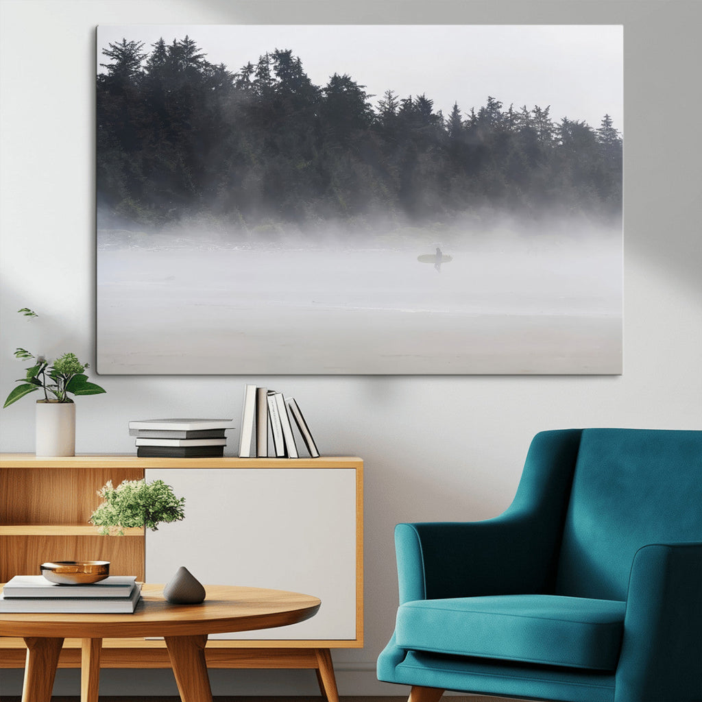 Surfer Fog Wall Art Canvas Print, Framed Foggy Beach and Coastal Surf Scene