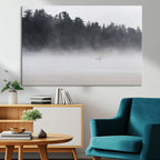 Surfer Fog Wall Art Canvas Print, Framed Foggy Beach and Coastal Surf Scene