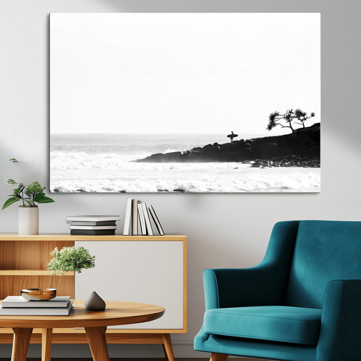 Surfer Cliffs Wall Art Canvas Print, Framed Black White Beach and Ocean Waves