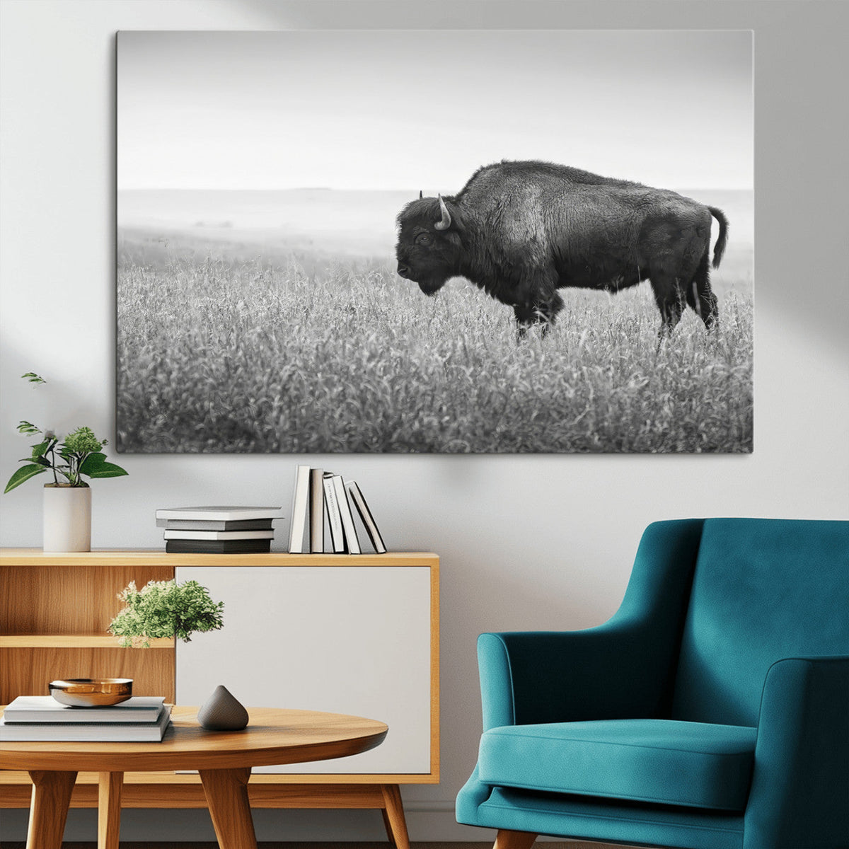 Bison Wall Art Canvas Print, Framed Rustic Wildlife Scene with Wild Buffalo