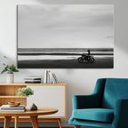 Motorcycle Beach Wall Art Canvas Print, Framed Vintage Biker Silhouette Artwork