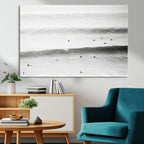 Black White Ocean Wall Art Canvas Print, Framed Coastal Sport and Ocean Swimmers Scene