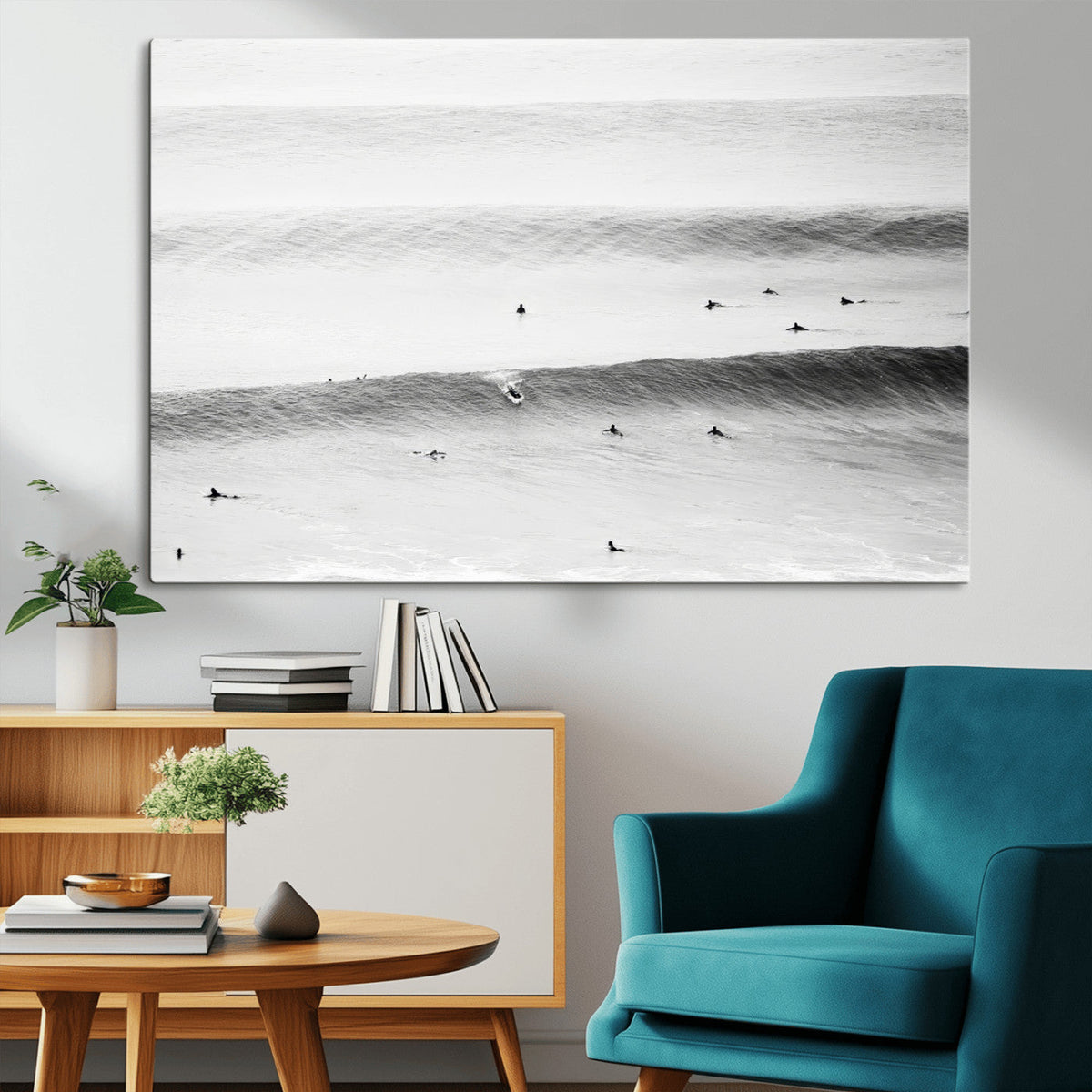 Black White Ocean Wall Art Canvas Print, Framed Coastal Sport and Ocean Swimmers Scene