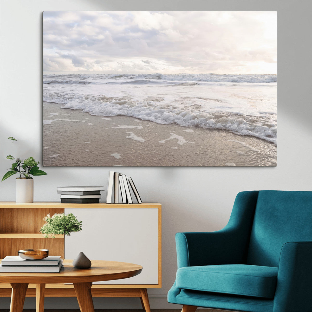 Ocean Waves Wall Art Canvas Print, Framed Coastal Shoreline Sea Foam Artwork