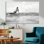 Black and White Surfing Wall Art Canvas Print, Framed Ocean Horizon Surfer Girl