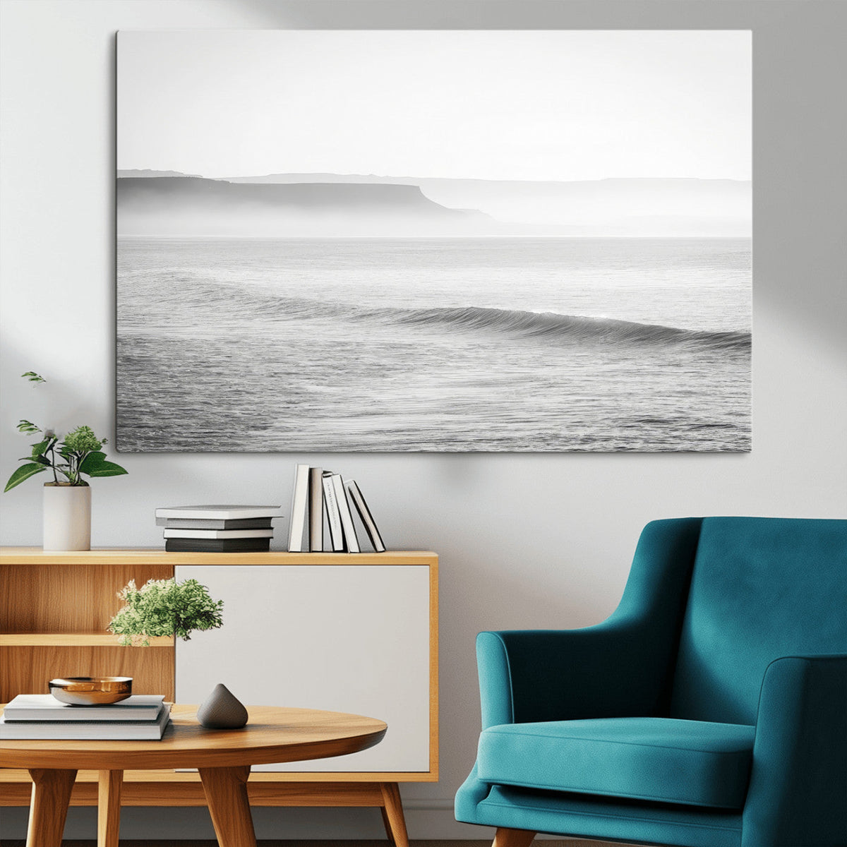 Black and White Seascape Wall Art Canvas Print, Framed Misty Ocean Waves