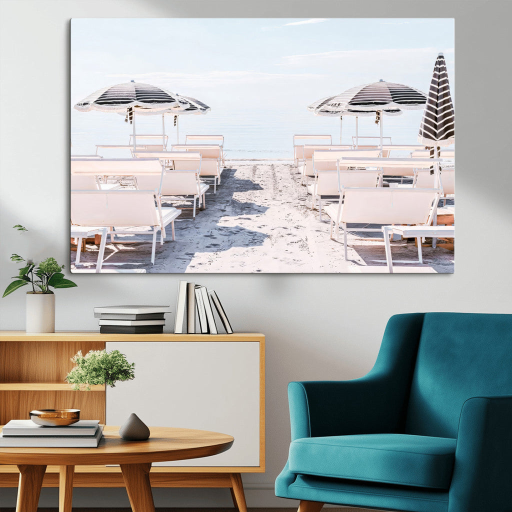 Minimalist Beach Wall Art Canvas Print, Framed Pastel Sand and Striped Umbrella Artwork