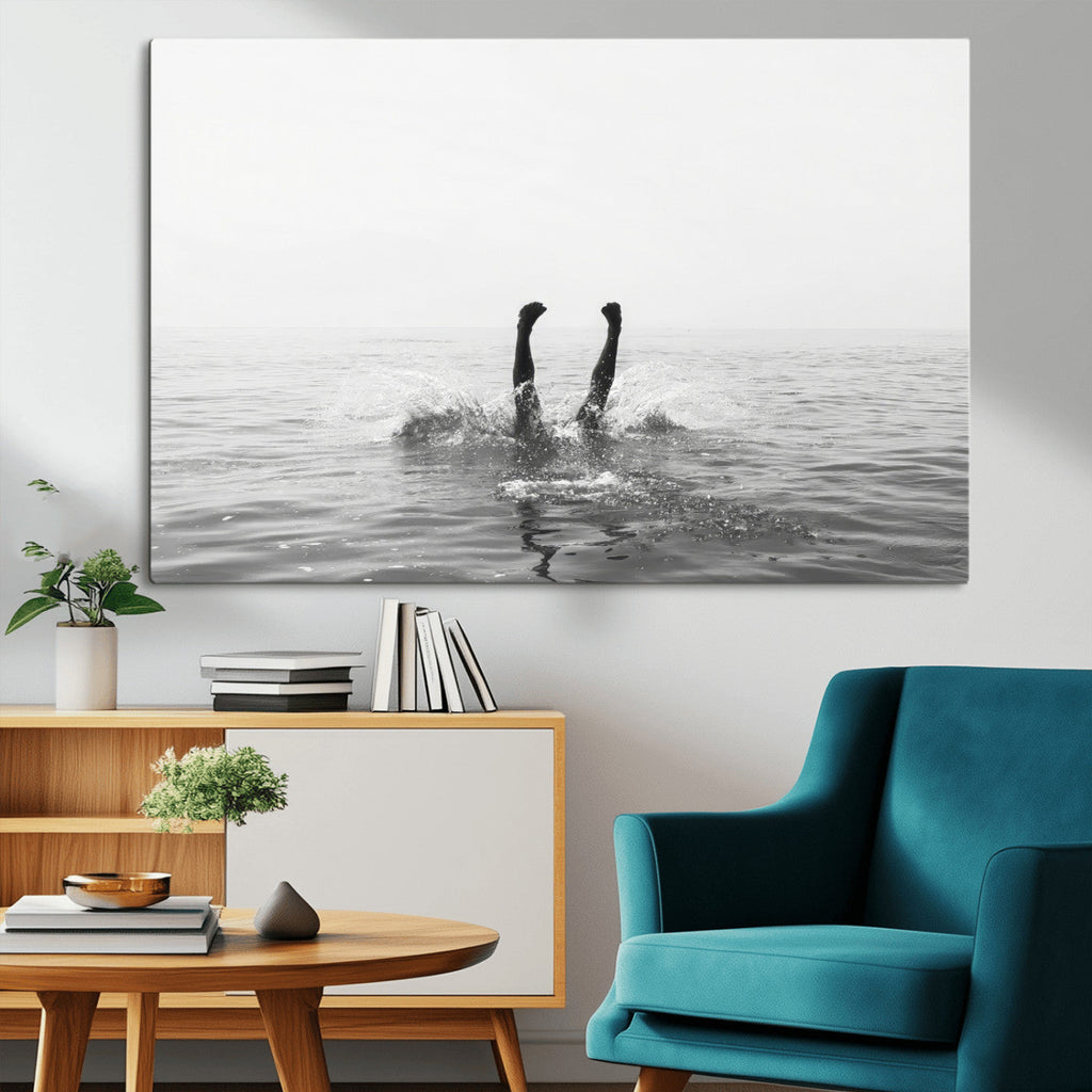 Black White Ocean Wall Art Canvas Print, Framed Monochrome Diving into Water Artwork