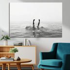 Black White Ocean Wall Art Canvas Print, Framed Monochrome Diving into Water Artwork