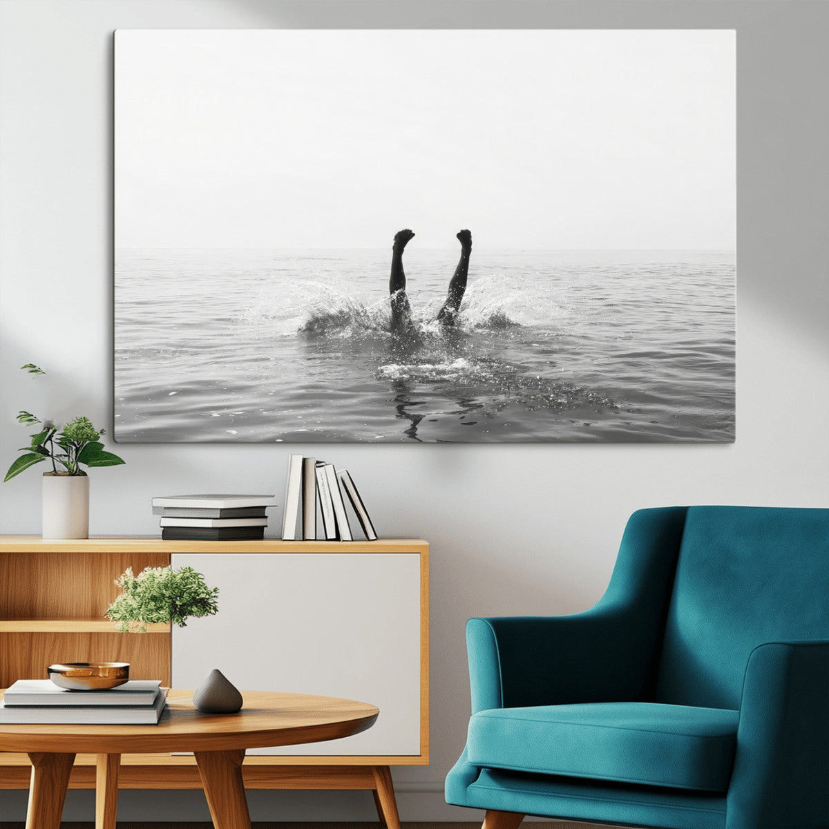 Black White Ocean Wall Art Canvas Print, Framed Monochrome Diving into Water Artwork