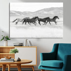 Wild Horses Running Wall Art Canvas Print, Framed Black White Mustangs Artwork