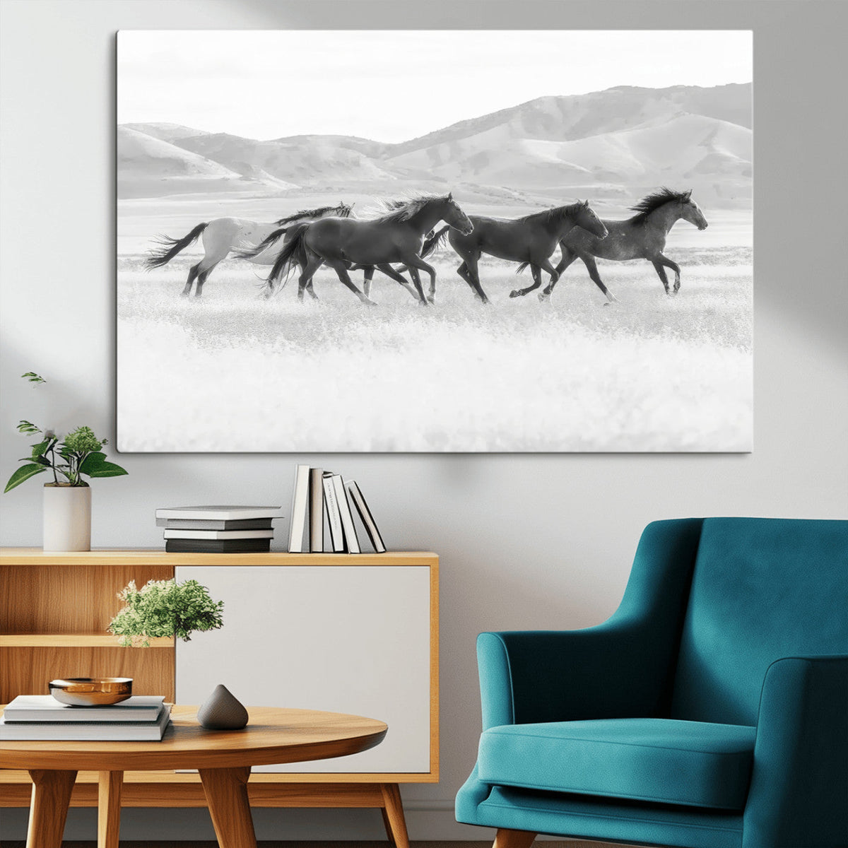 Wild Horses Running Wall Art Canvas Print, Framed Black White Mustangs Artwork