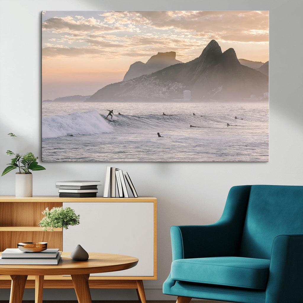 Sunset Surfing Wall Art Canvas Print, Framed Misty Mountains and Surfer Riding a Wave