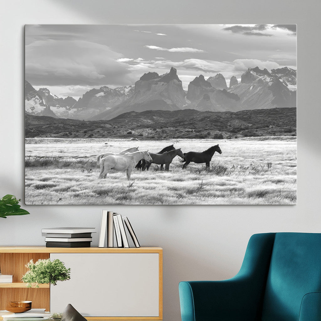 Wild Horses Wall Art | Framed Black White Mountain Canvas
