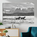 Wild Horses Wall Art | Framed Black White Mountain Canvas