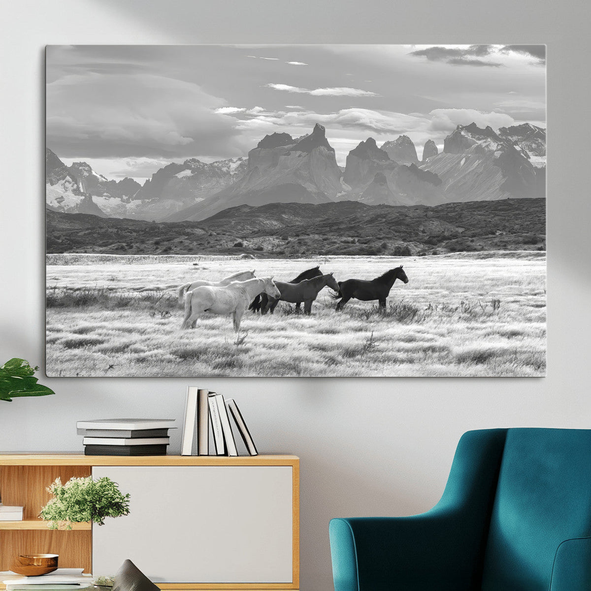 Wild Horses Wall Art | Framed Black White Mountain Canvas