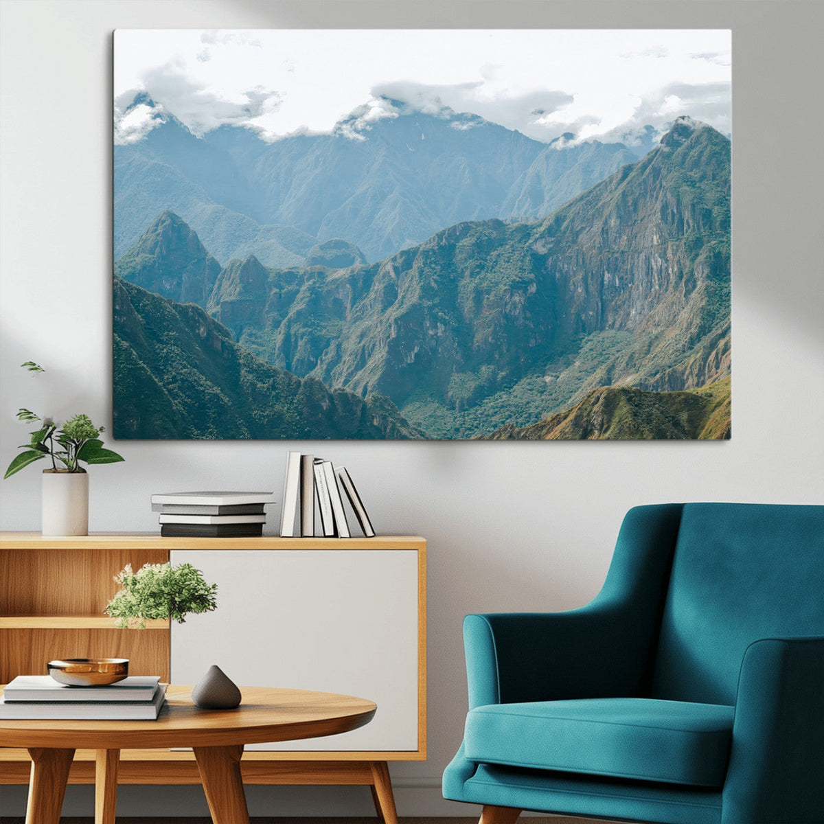 Misty Mountain Wall Art Canvas Print, Framed Cloudy Andean Art, Rugged Mountain Landscape