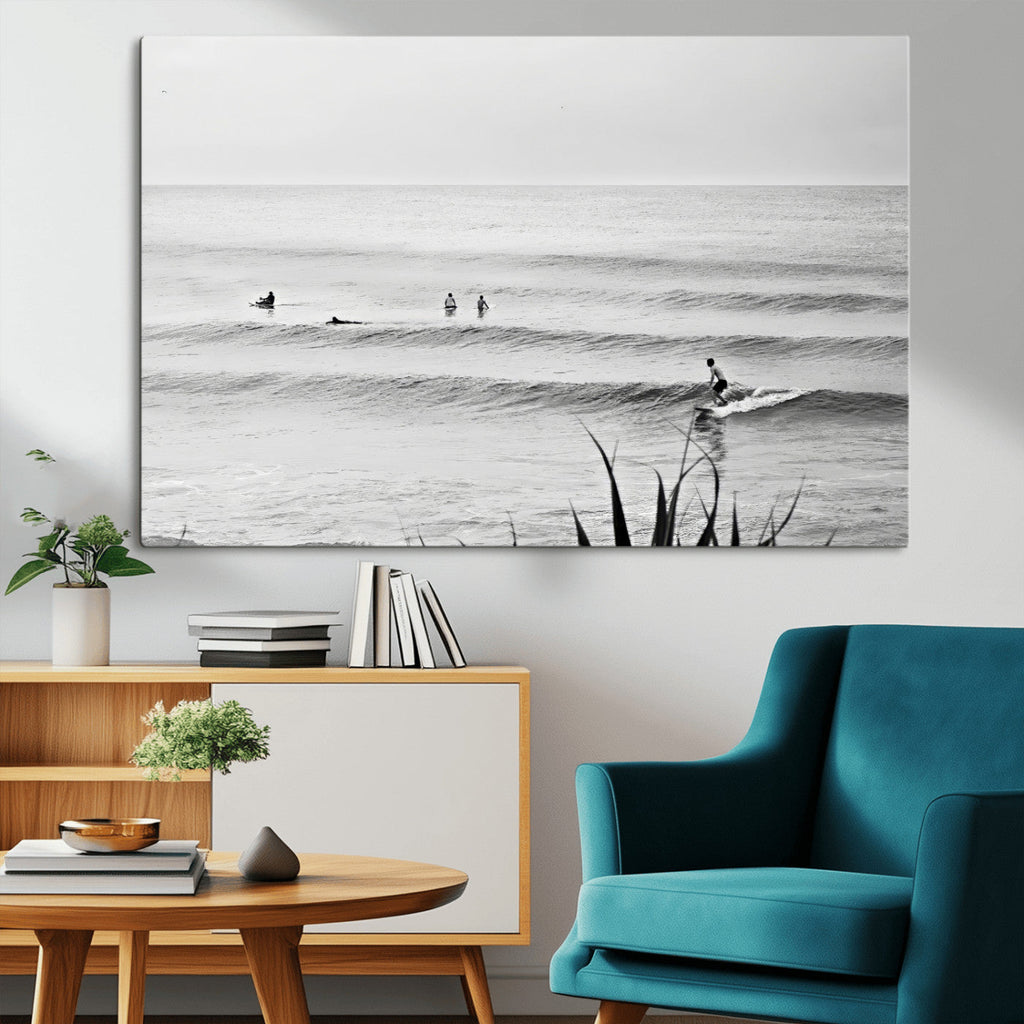 Surfer Silhouette Wall Art Canvas Print, Framed Calm Ocean Monochrome Surf