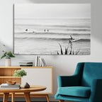 Surfer Silhouette Wall Art Canvas Print, Framed Calm Ocean Monochrome Surf