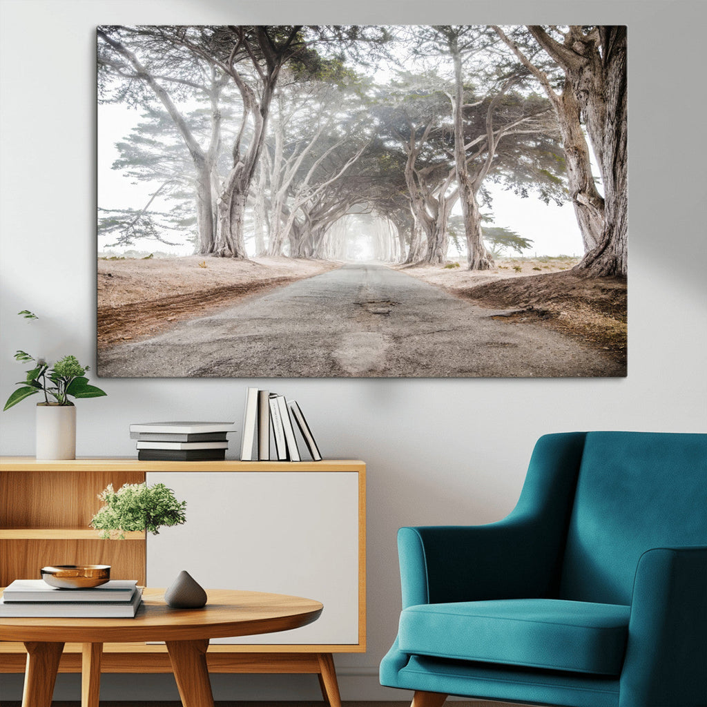 Cypress Tunnel Wall Art | Framed Misty Road Canvas Artwork