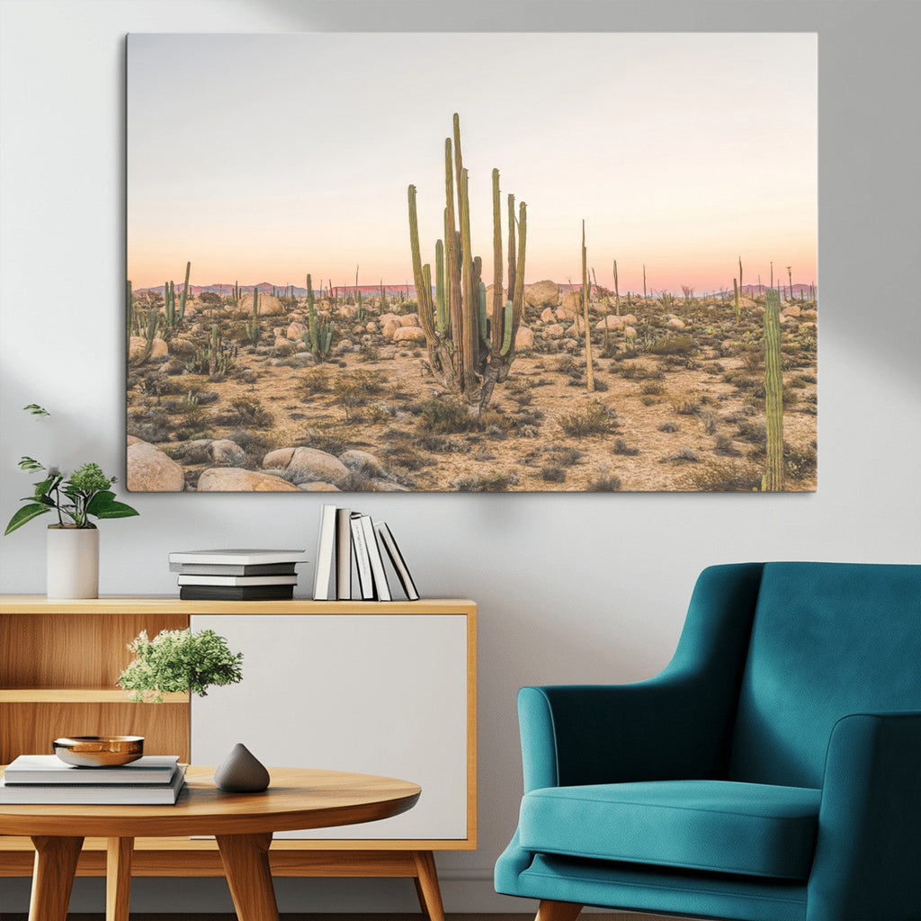 Desert Cactus Wall Art Canvas Print, Framed Baja Desert Art, Pastel Southwestern Decor
