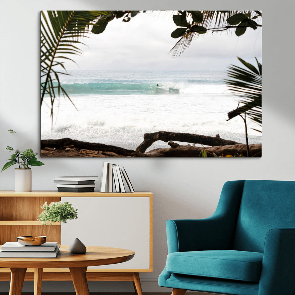 Tropical Surf Wall Art Canvas Print, Framed Palm Tree View Art, Boho Beach House Decor