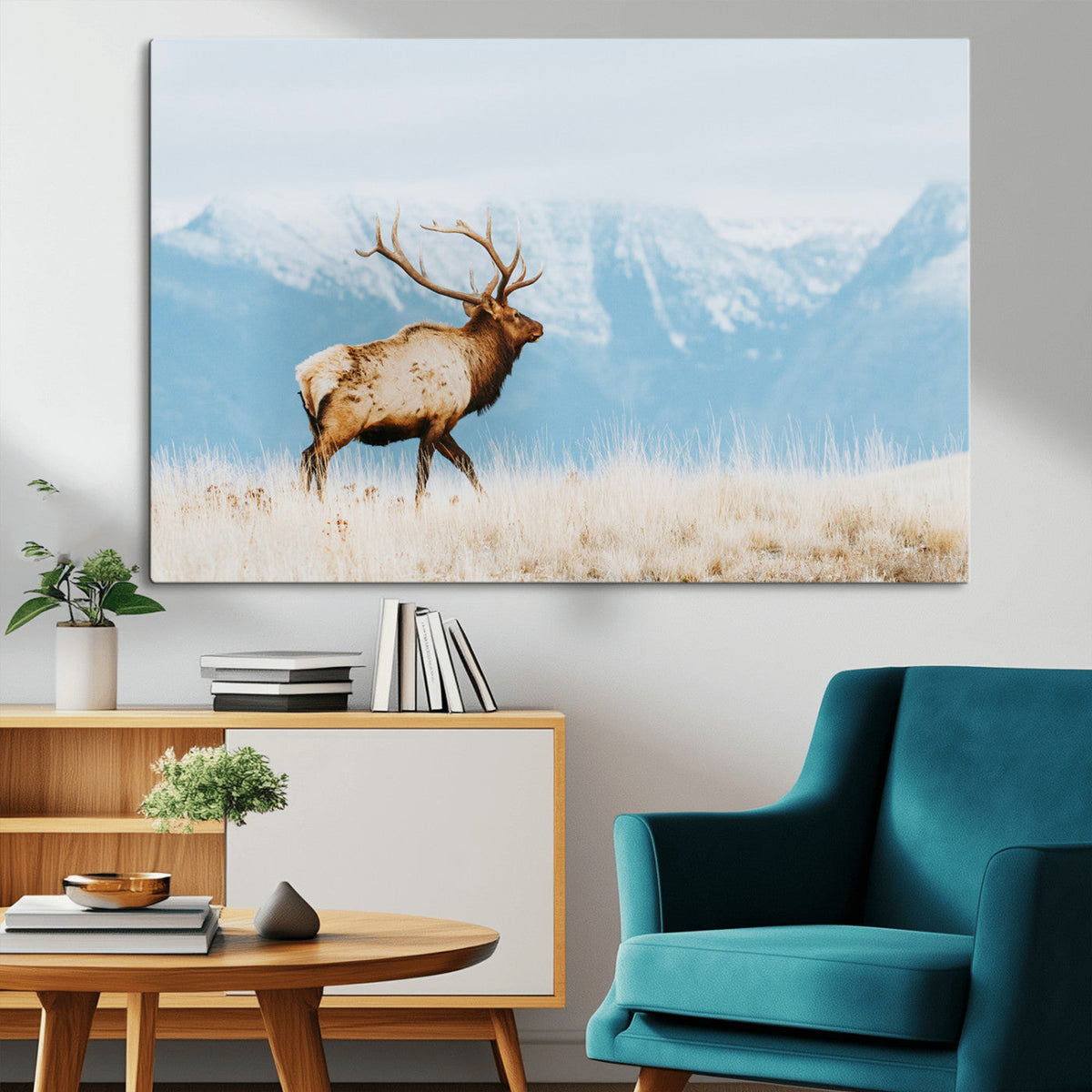 Mountain Elk Wall Art Canvas Print, Framed Rustic Wildlife Art, Lodge Style Decor