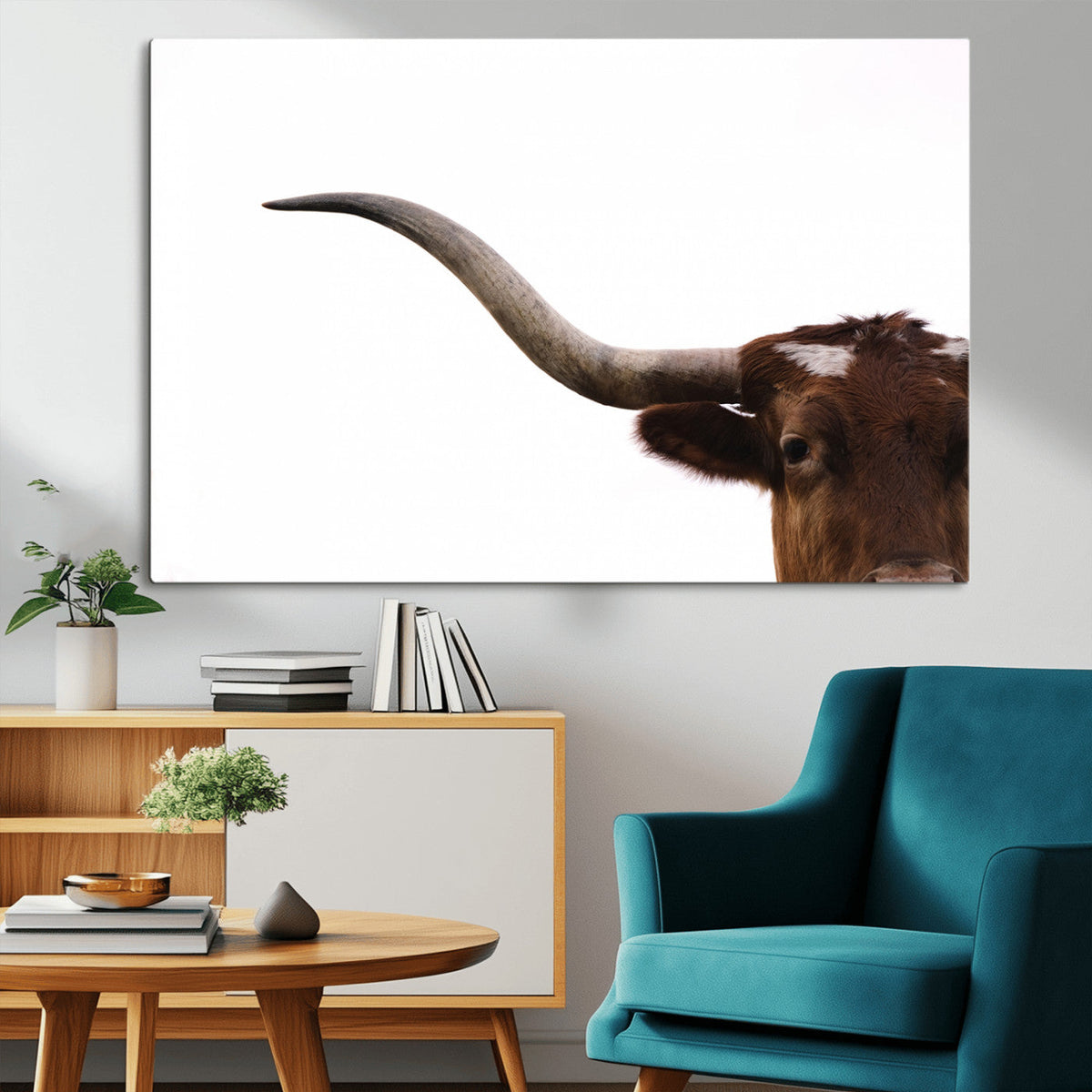 Texas Longhorn Wall Art Canvas Print, Framed Minimalist Cow Art, Ranch Style Decor