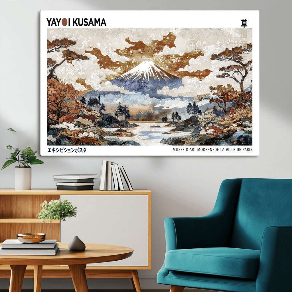 Modern Japanese Mount Fuji Canvas Art Print, Yayoi Kusama Wall Art, Framed Abstract Japanese Landscape