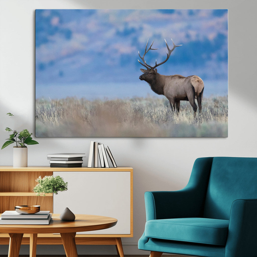 Elk Wall Decor Canvas Print, Framed Rustic Wildlife Art, Mountain Elk Landscape