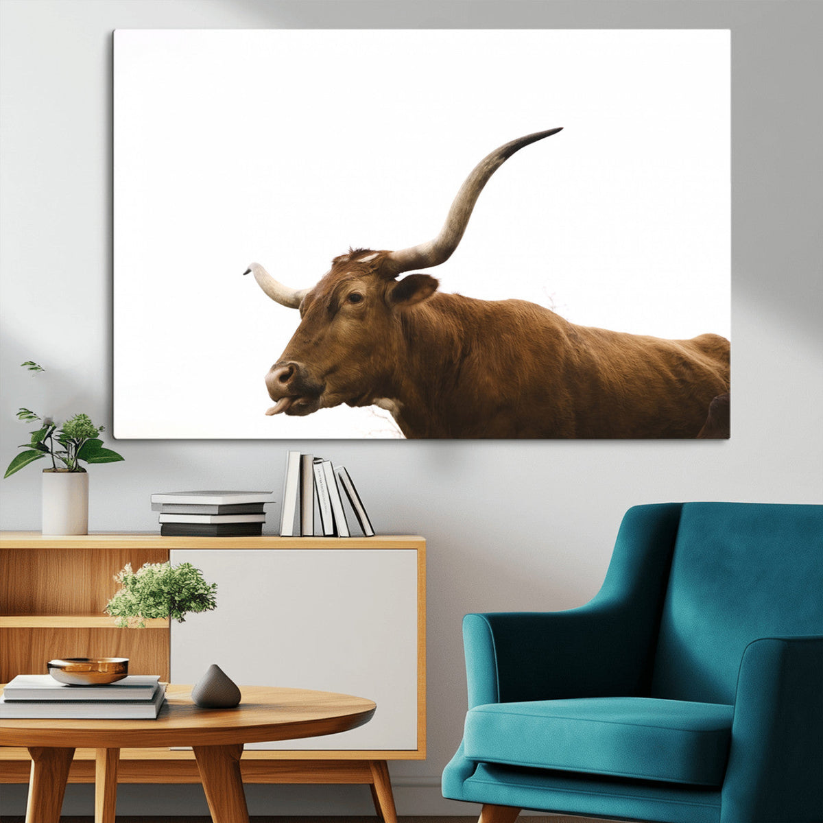 Longhorn Cow Wall Art Canvas Print, Framed Rustic Texas Bull Animal Decor