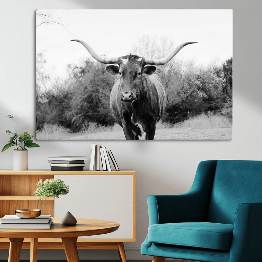 Longhorn Photography Wall Art Canvas Print, Framed Western Cow Texas Ranch Decor